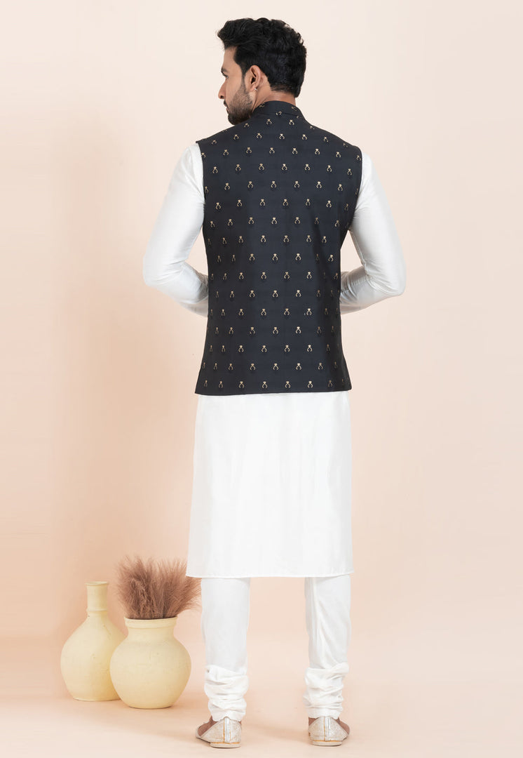 White Banarasi Silk Kurta Pajama With Jacket