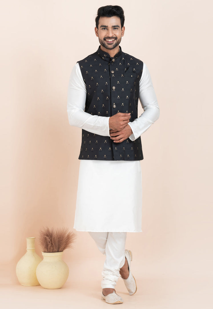 White Banarasi Silk Kurta Pajama With Jacket