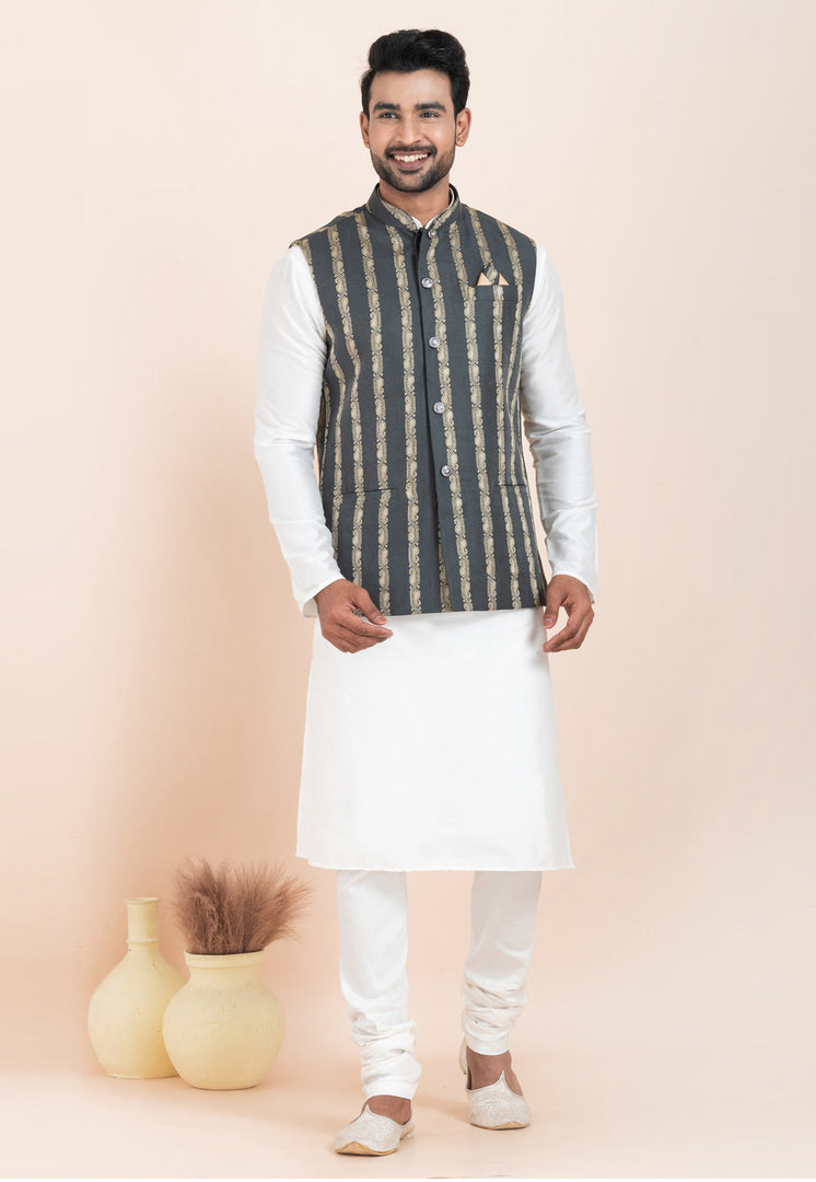White Banarasi Silk Kurta Pajama With Jacket