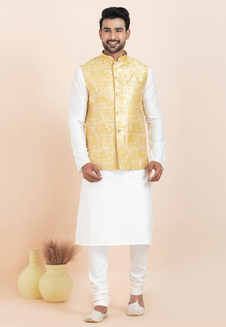 White Banarasi Silk Kurta Pajama With Jacket