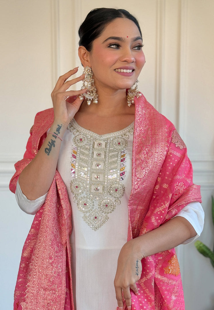 White Chanderi Readymade Pakistani Suit
