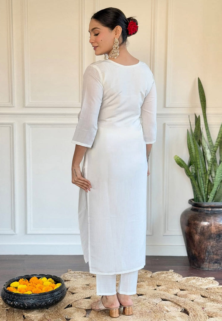 White Chanderi Readymade Pakistani Suit