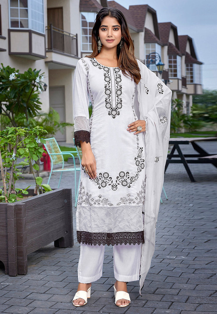 White Chanderi Readymade Pant Style Suit