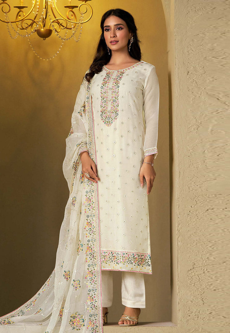 White Chiffon Straight Suit