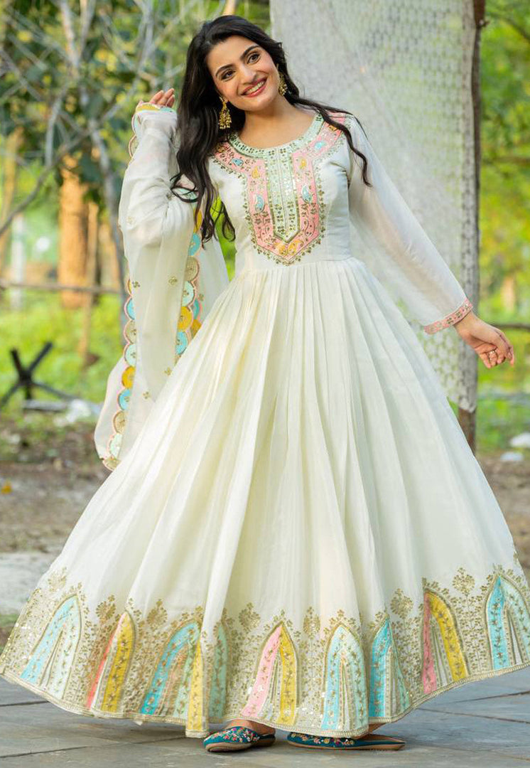 White Chinon Silk Readymade Anarkali Suit