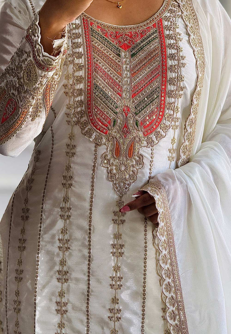 White Chinon Silk Readymade Pakistani Suit