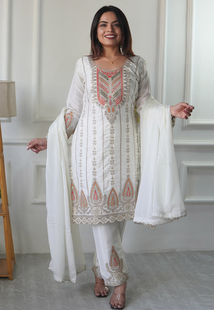 White Chinon Silk Readymade Pakistani Suit