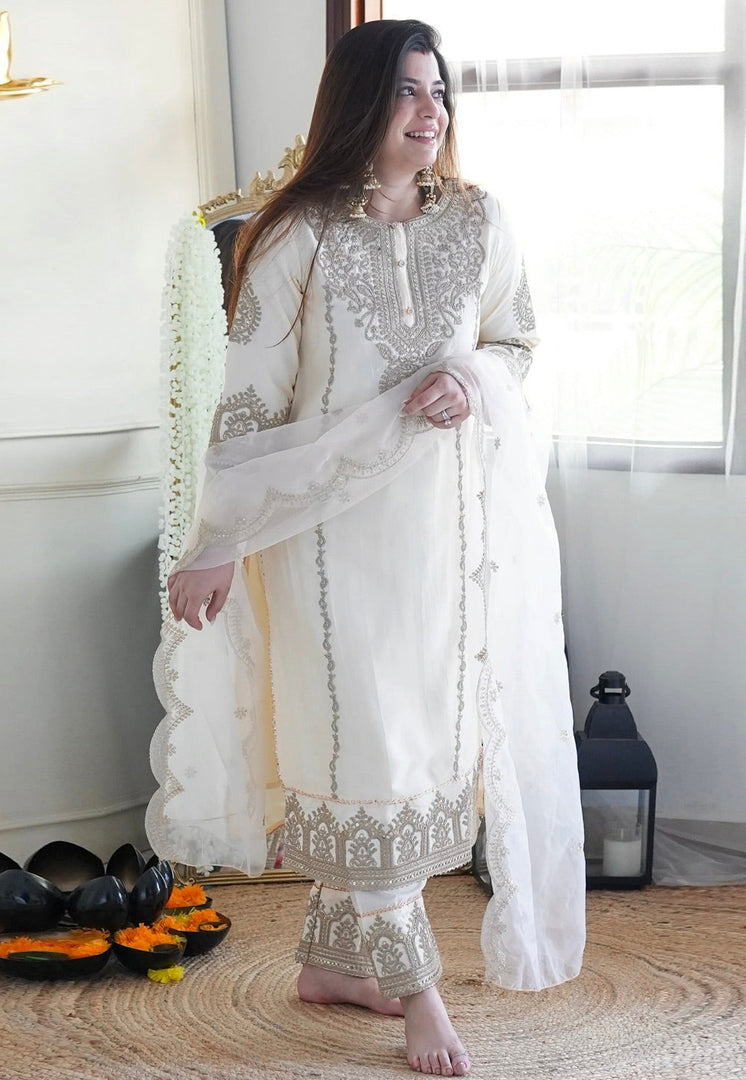 White Chinon Silk Readymade Pant Style Suit