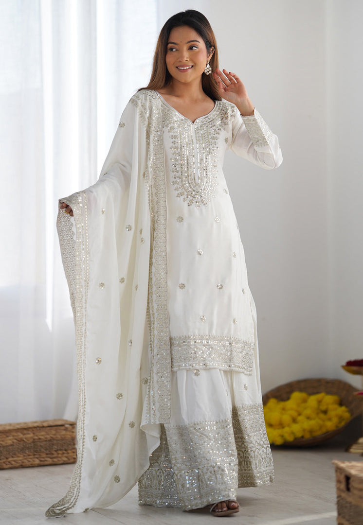White Chinon Silk Readymade Sharara Suit