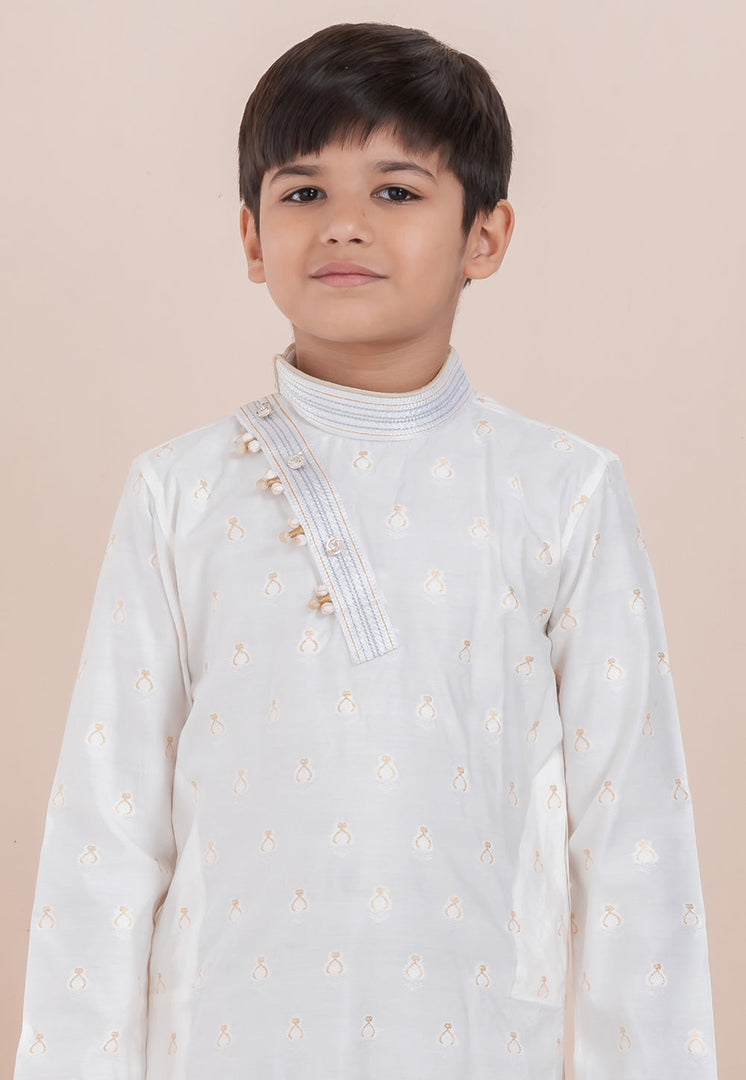 White Cotton Jacquard Kids Kurta Pajama