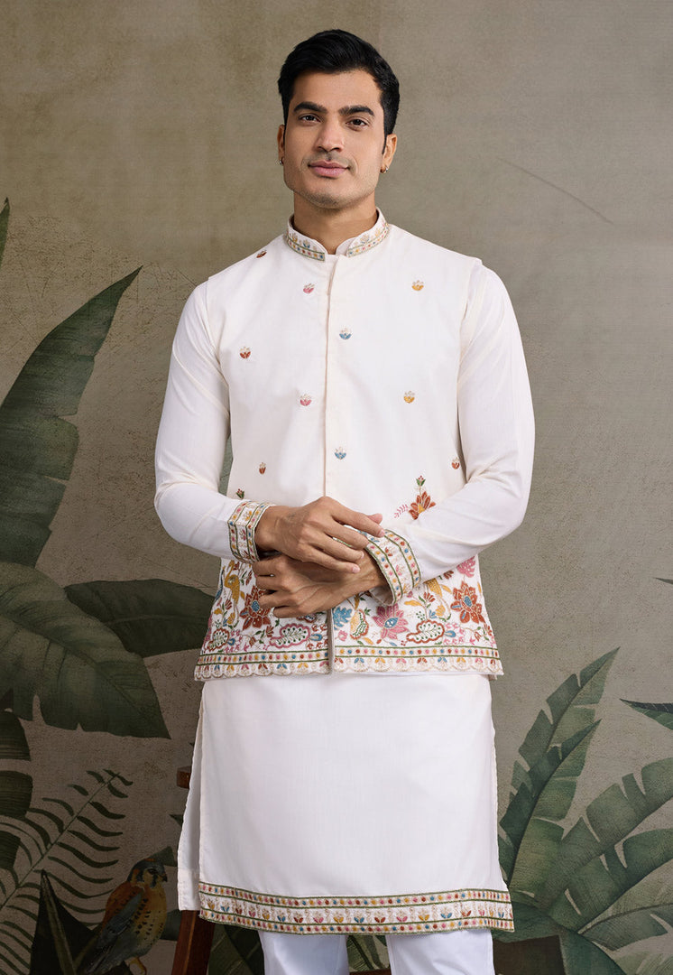 White Cotton Kurta Pajama With Jacket