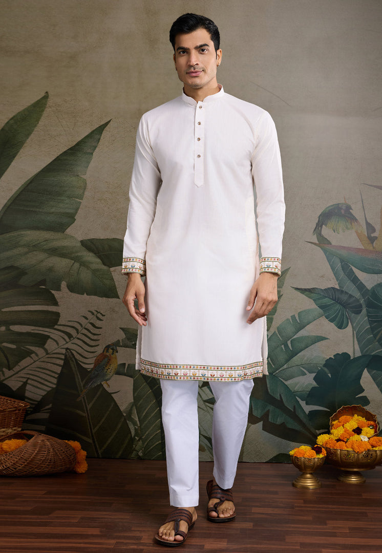 White Cotton Kurta Pajama With Jacket