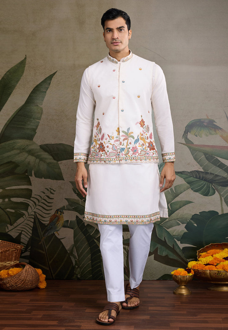 White Cotton Kurta Pajama With Jacket