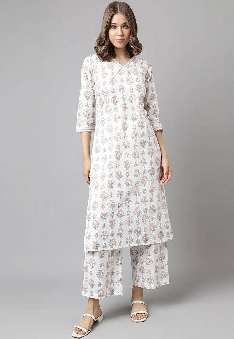 White Cotton Kurta Set With Palazzo
