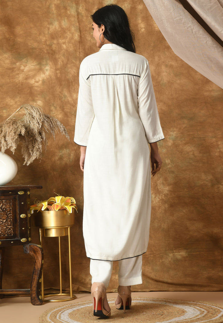 White Cotton Rayon Kurta Set With Pent