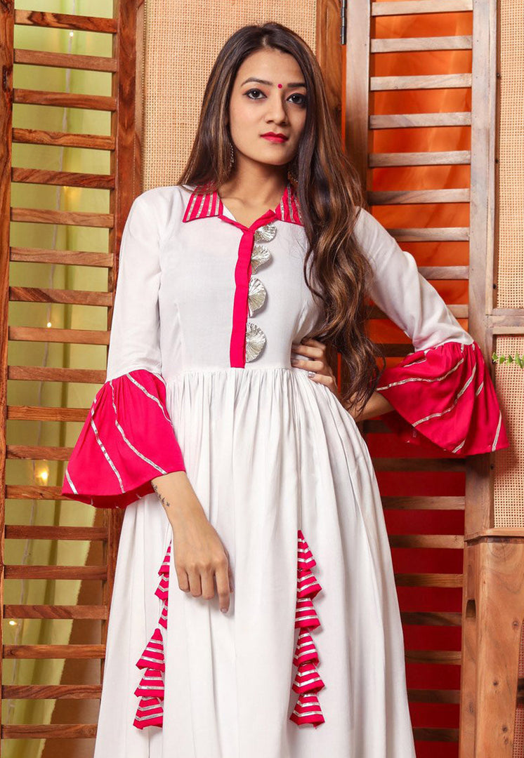 White Cotton Rayon Readymade Anarkali Suit