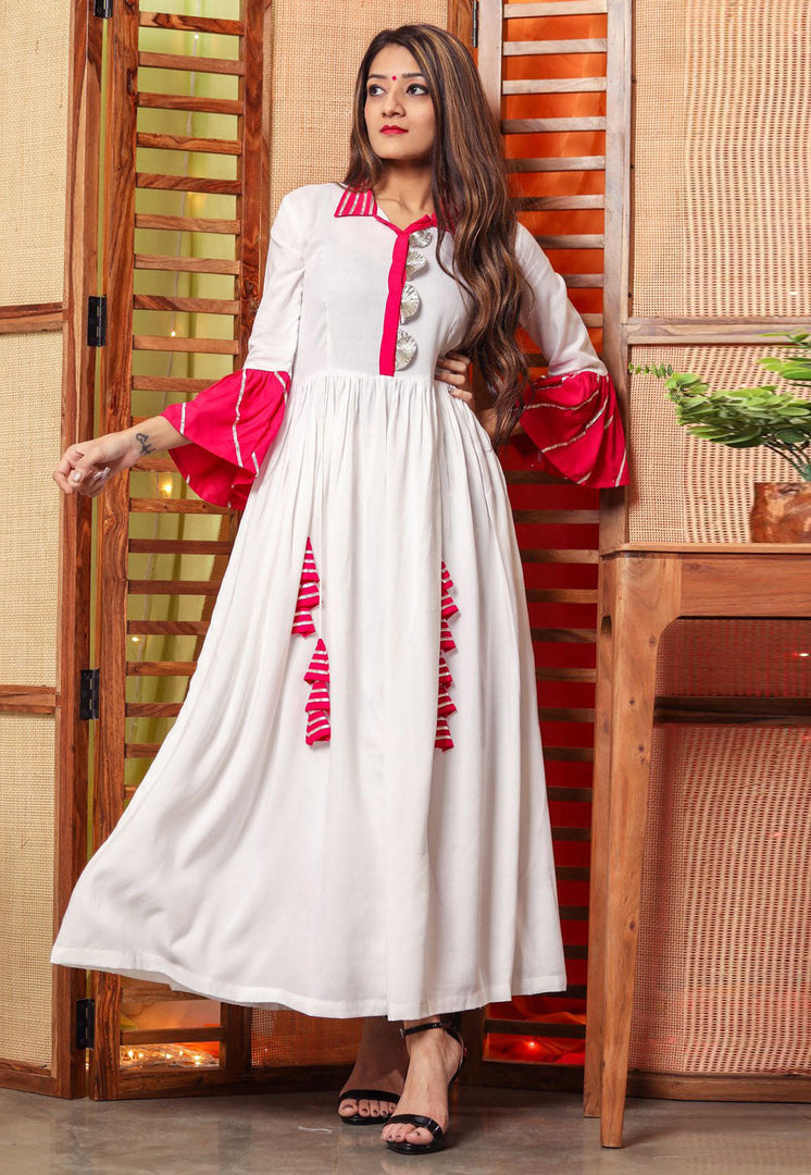 White Cotton Rayon Readymade Anarkali Suit