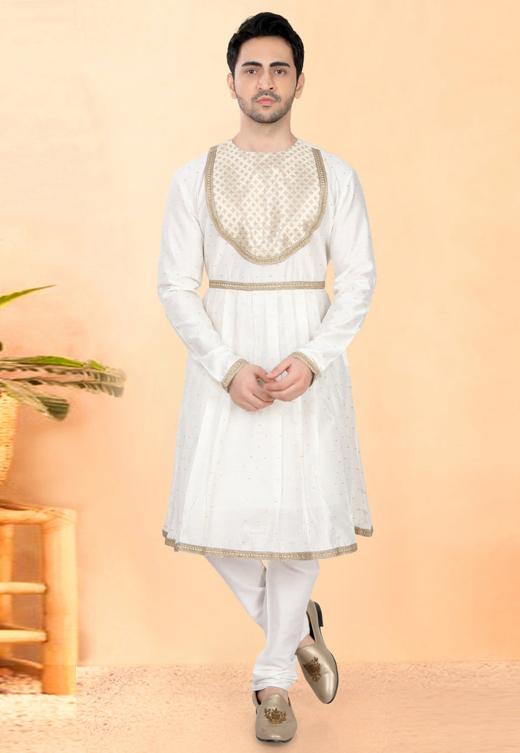 White Cotton Silk Peshwai Style Kurta Pajama