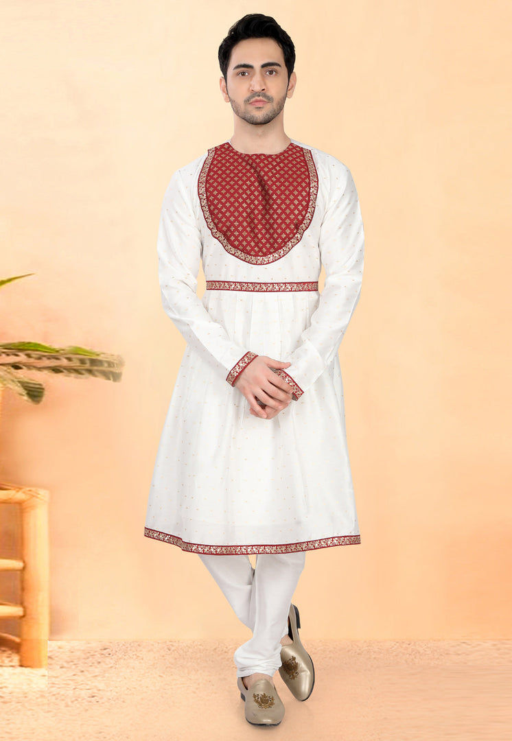 White Cotton Silk Peshwai Style Kurta Pajama