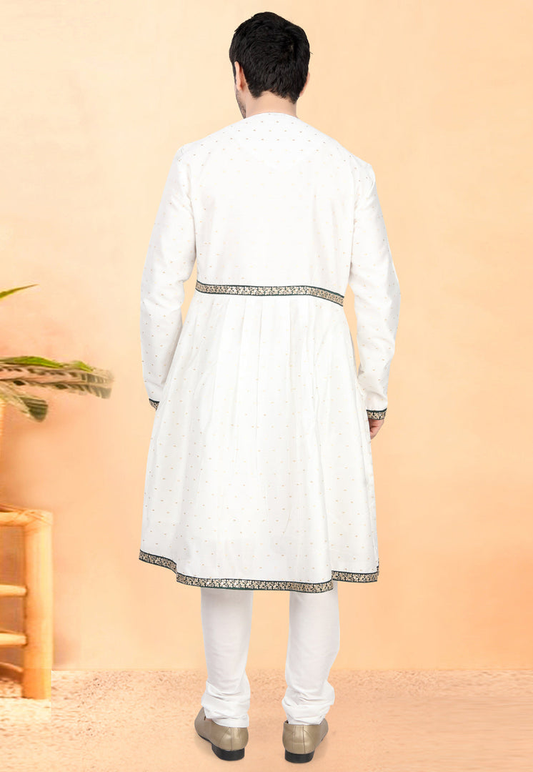 White Cotton Silk Peshwai Style Kurta Pajama