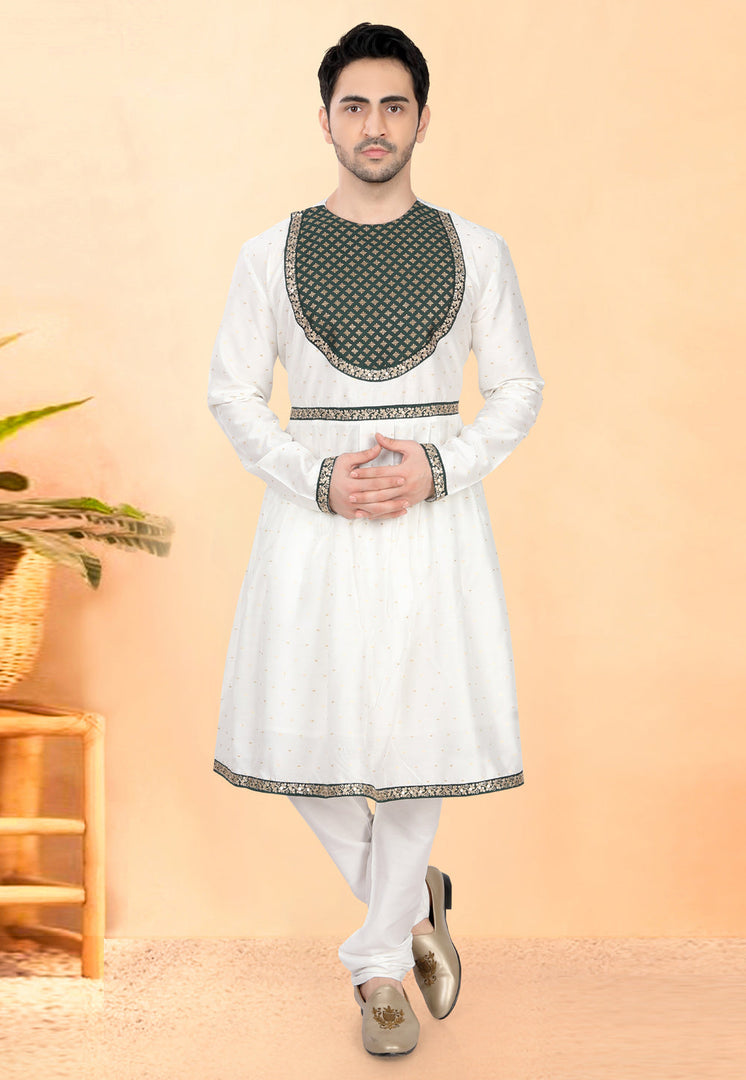 White Cotton Silk Peshwai Style Kurta Pajama