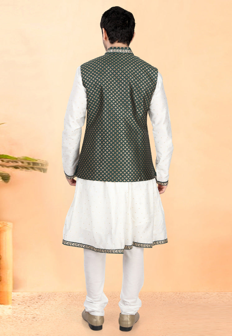 White Cotton Silk Peshwai Style Kurta Pajama With Jacket