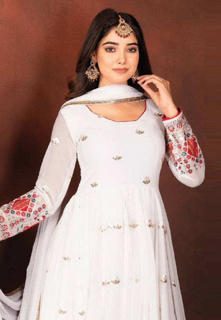 White Faux Georgette Readymade Long Anarkali Suit