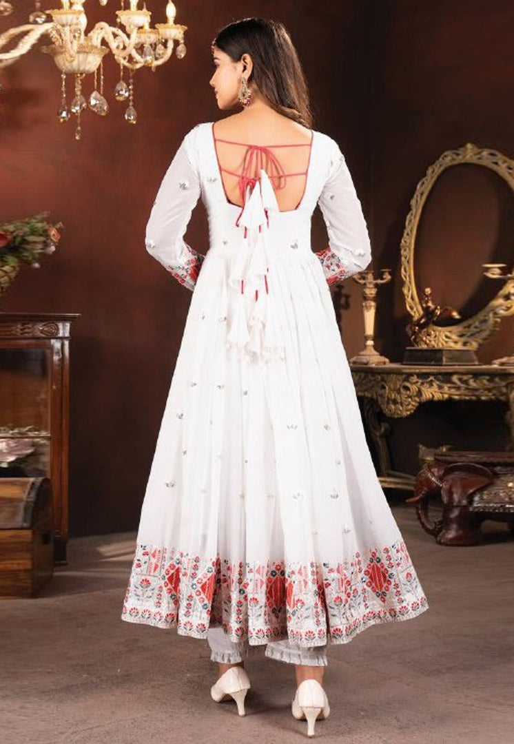 White Faux Georgette Readymade Long Anarkali Suit