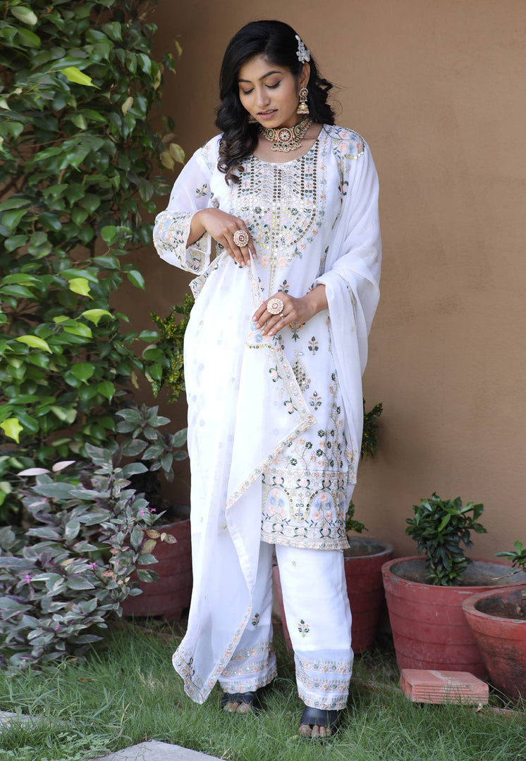 White Faux Georgette Readymade Pakistani Suit