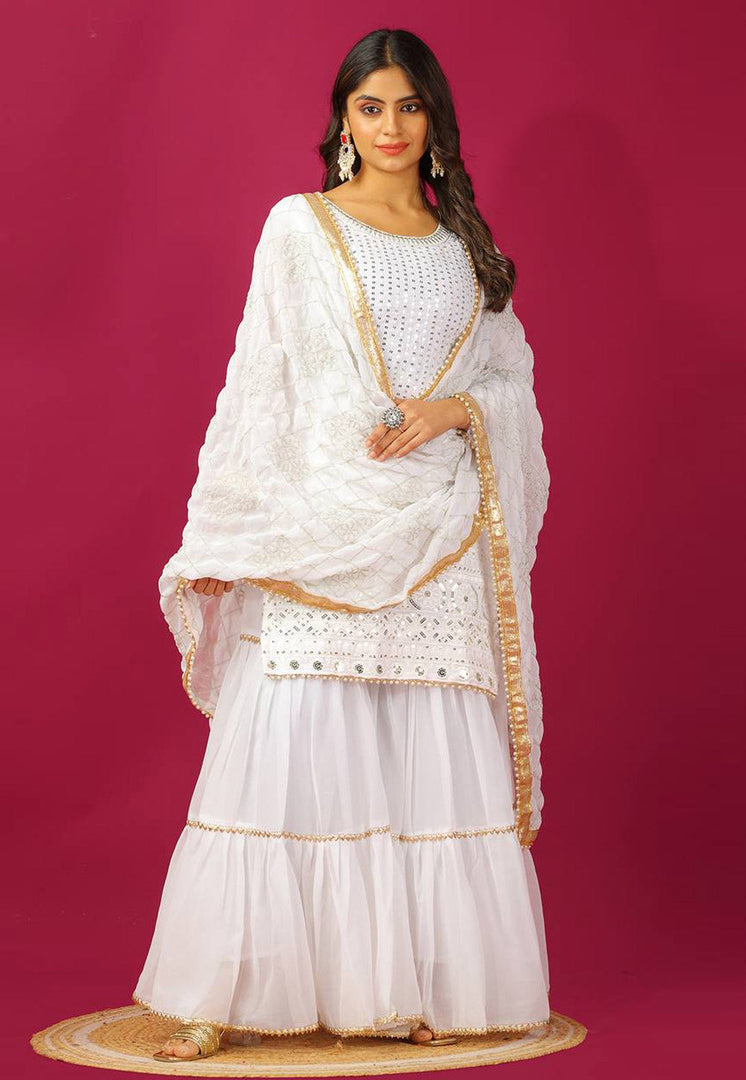 White Faux Georgette Readymade Sharara Suit