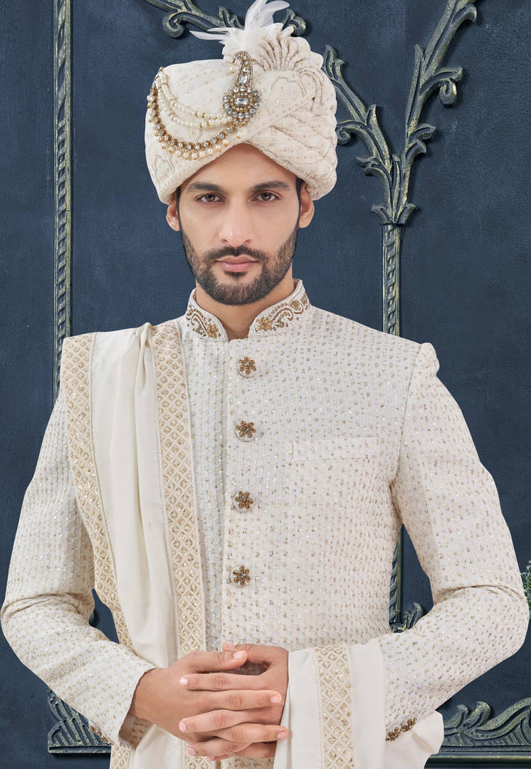 White Georgette Achkan Style Sherwani