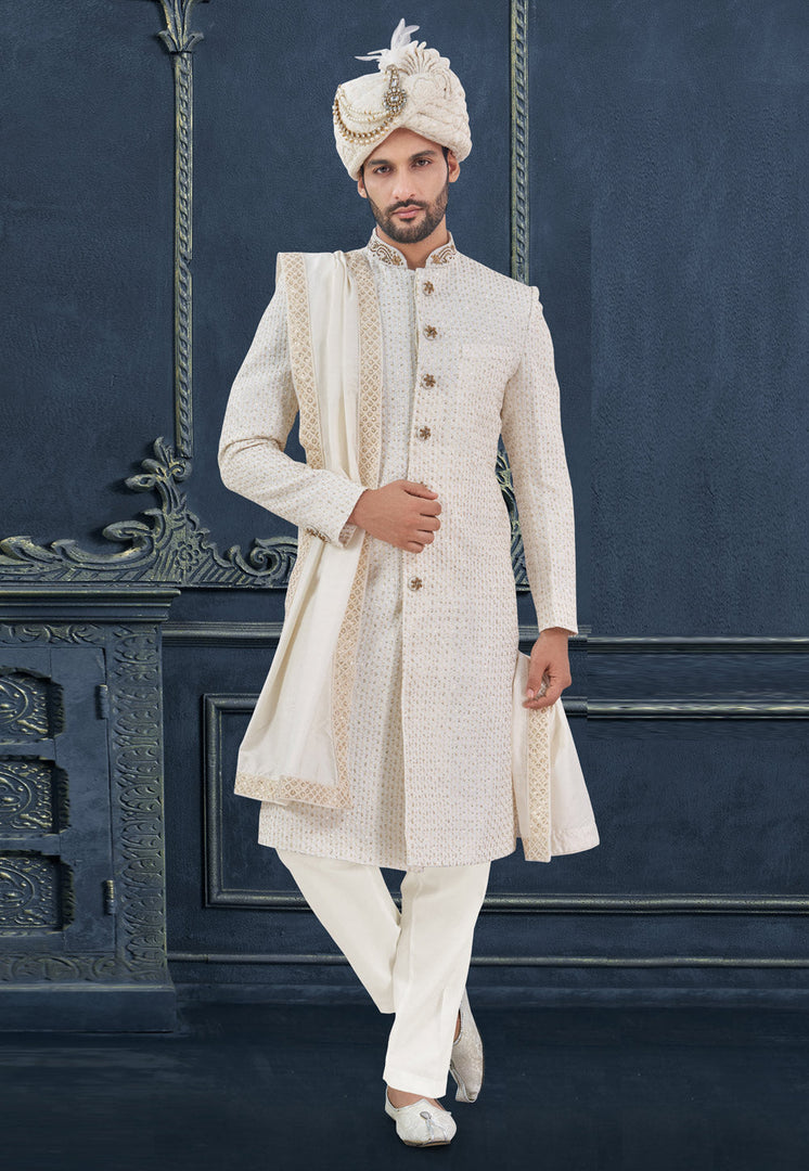 White Georgette Achkan Style Sherwani