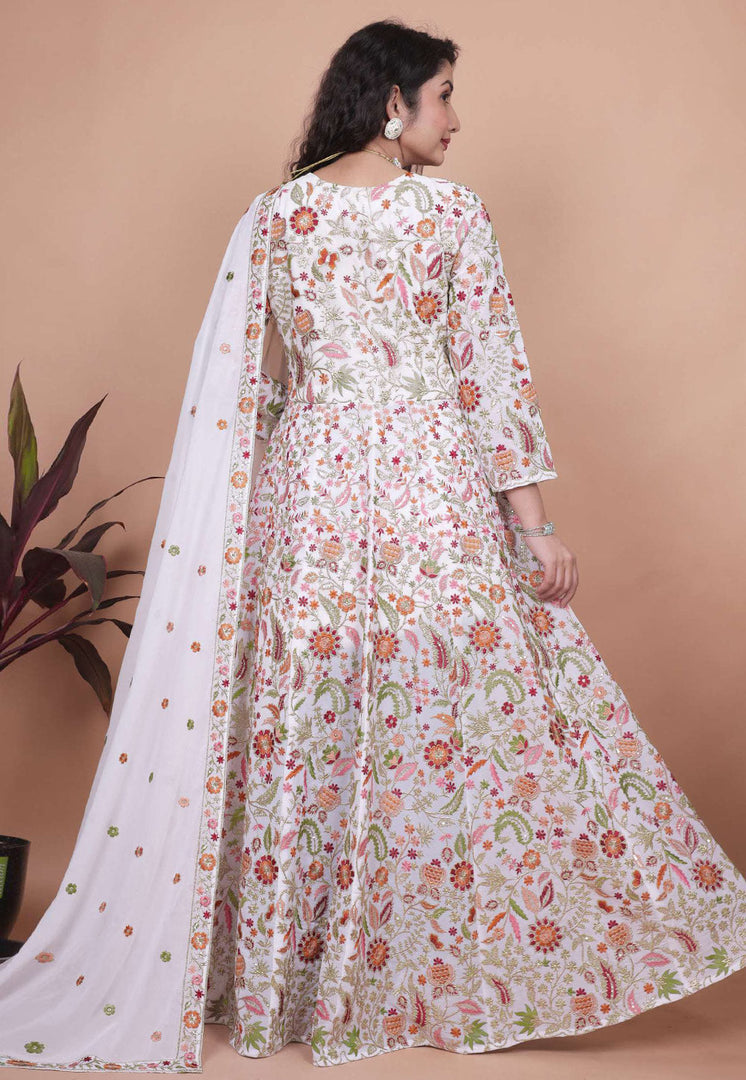 White Georgette Embroidered Long Anarkali Suit
