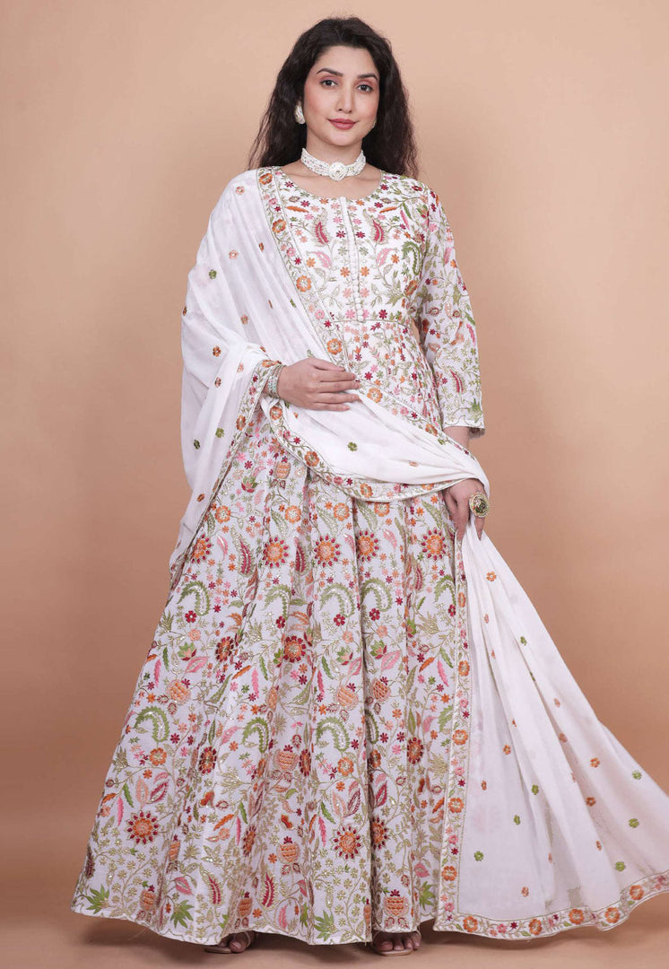 White Georgette Embroidered Long Anarkali Suit
