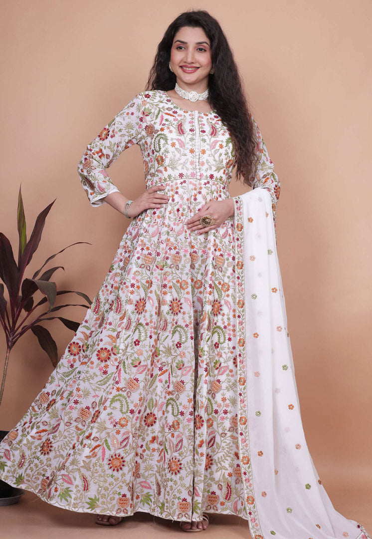 White Georgette Embroidered Long Anarkali Suit