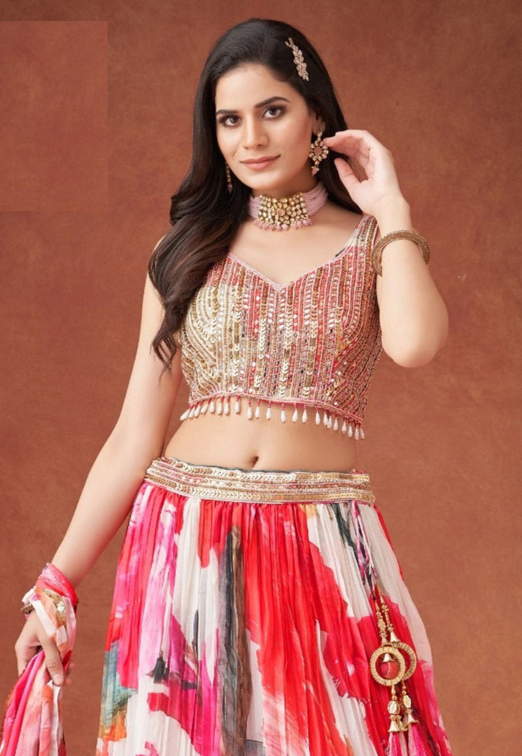 White Georgette Floral print Lehenga choli