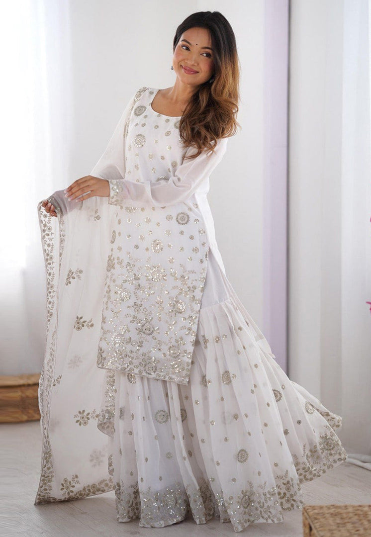 White Georgette Readymade Sharara Suit