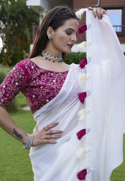 White Georgette Saree With Blouse