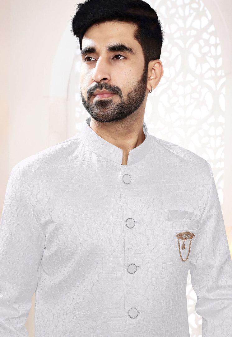 White Jacquard Indo Western Suit