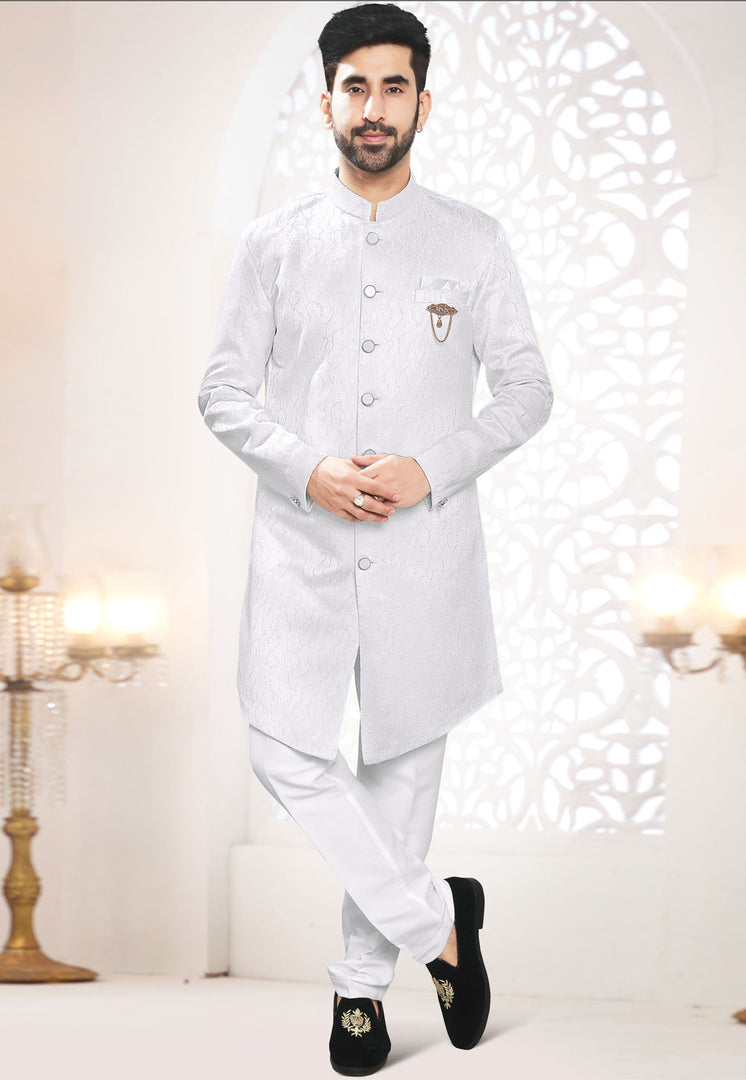 White Jacquard Indo Western Suit