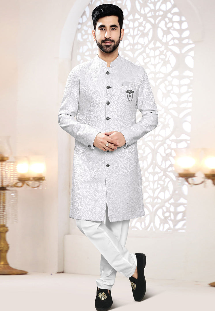 White Jacquard Indo Western Suit
