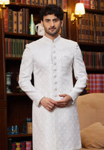 Load image into Gallery viewer, White Jacquard Silk Indo Western Sherwani
