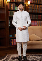Load image into Gallery viewer, White Jacquard Silk Indo Western Sherwani
