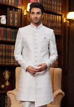 Load image into Gallery viewer, White Jacquard Silk Indo Western Sherwani
