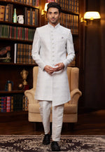 Load image into Gallery viewer, White Jacquard Silk Indo Western Sherwani
