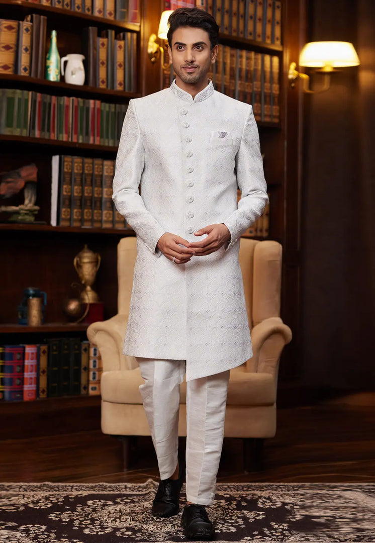 White Jacquard Silk Indo Western Sherwani