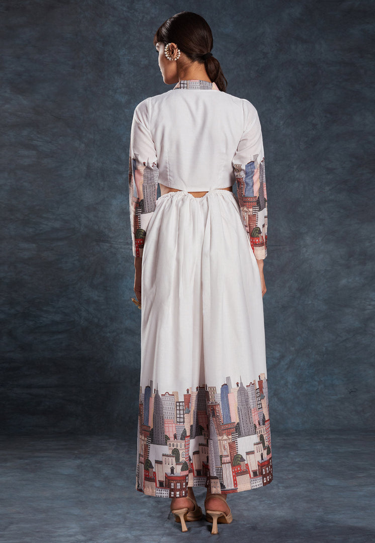 White Linen Printed Gown