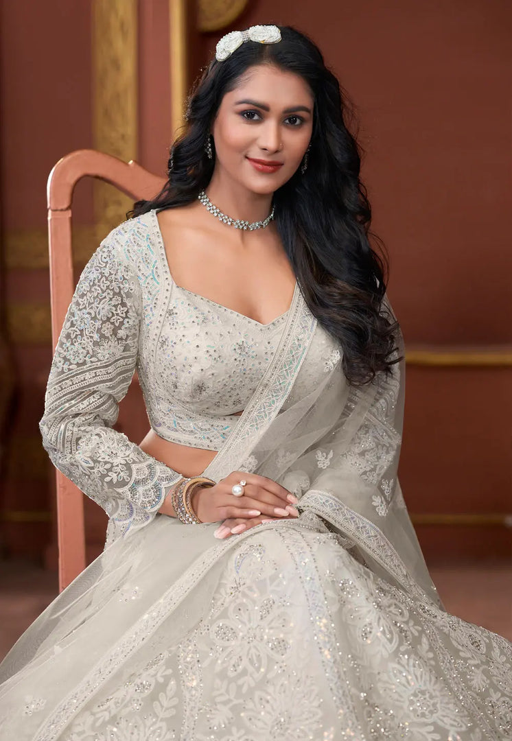 White Net Readymade A Line Lehenga Choli