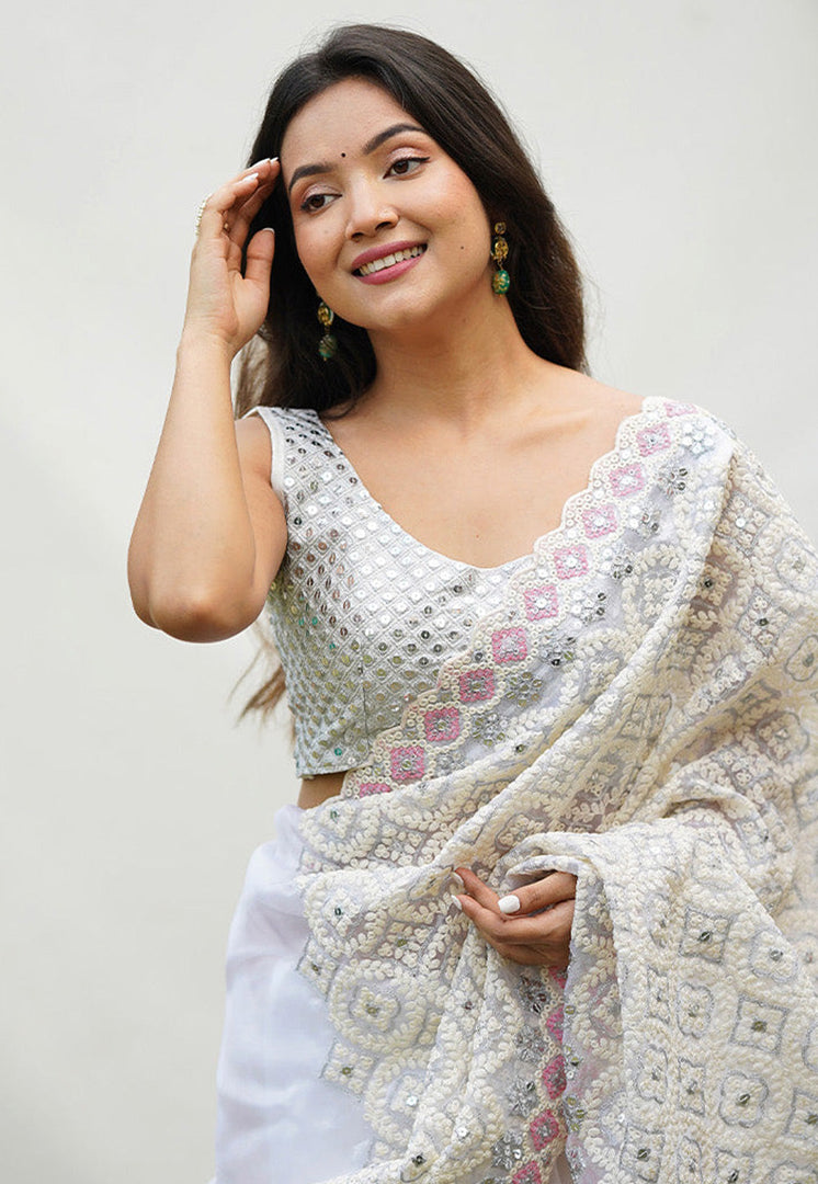 White Organza Saree With Blouse