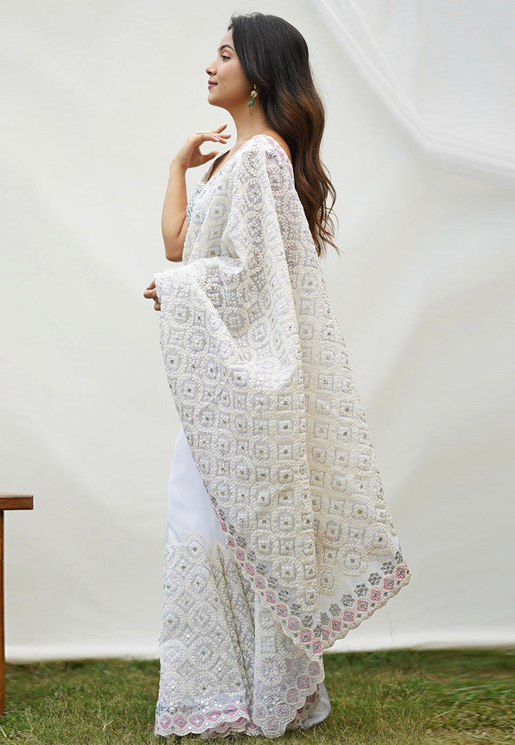 White Organza Saree With Blouse